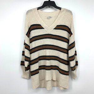American Eagle Sweater Beige Stripe V Neck Tunic Pullover Oversize